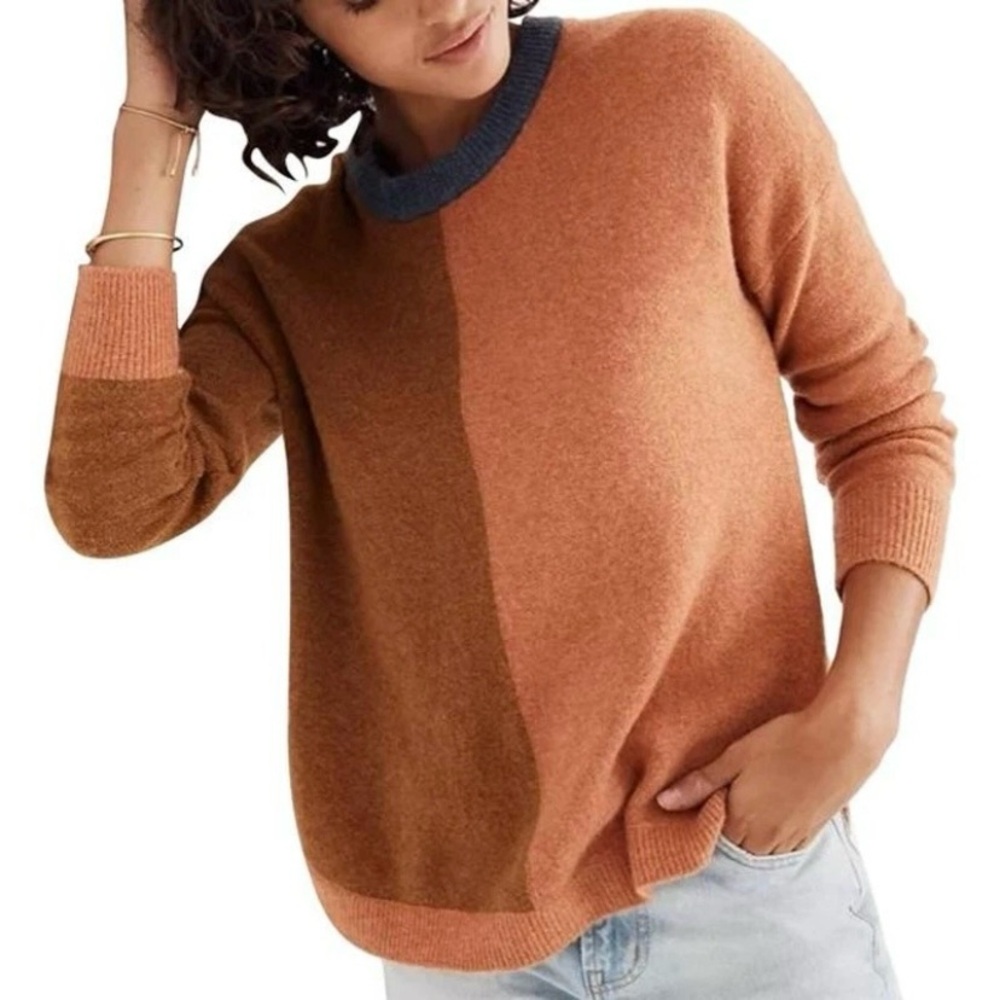 Madewell Crewneck Wool Alpaca Westlake Colorblock Sweater Orange Tan Sz XS